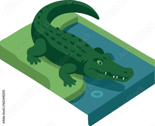 Isometric vector crocodile in river corner, tail swerving around, vector-friendly, isolated on white