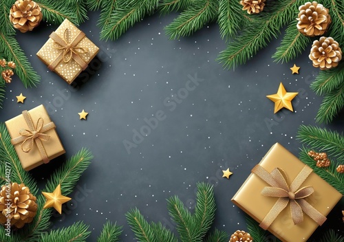 Decorative Holiday Gifts Surrounded by Pine Branches and Festive Ornaments Cr...