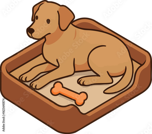 Isometric vector dog lying in pet bed with chew toy, vector-friendly, isolated on white