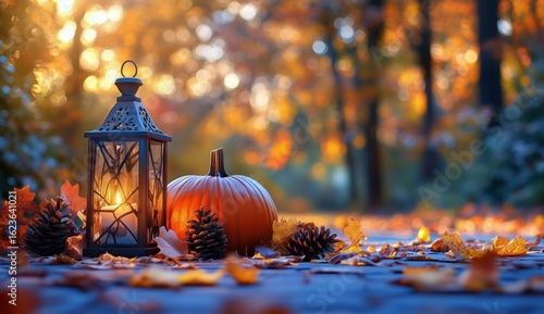 Autumn Decorations With Pumpkin and Lantern on Pathway Surrounded by Colorful...