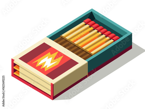 Minimal matchbox with open drawer revealing red-tipped matches, clean and graphic object on white