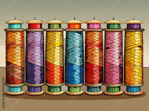 Colorful sewing threads in a row, placed on neutral background for textile or fashion concept