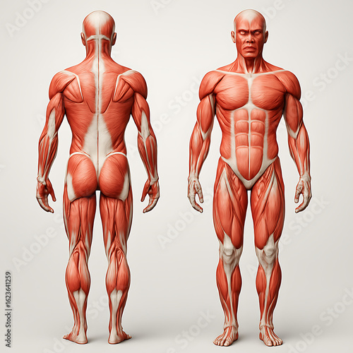 Human muscular system anatomy full body front and back view, detailed anatomical illustration showing muscle structure, fibers and tendons, scientific medical concept for physiology, biology, fitness 