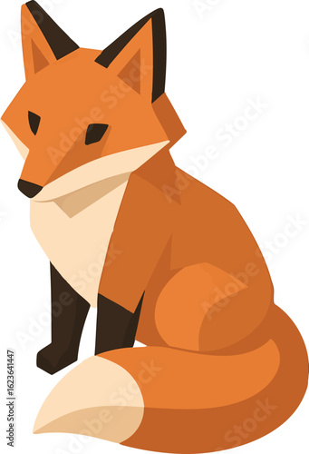 Isometric vector fox sitting with bushy tail curled around, triangular face, vector-friendly, isolated on white