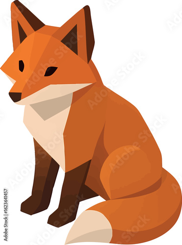 Isometric vector fox sitting with bushy tail curled around, triangular face, vector-friendly, isolated on white