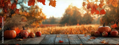 Autumn Landscape With Vibrant Foliage and Pumpkins at Sunset in Countryside.