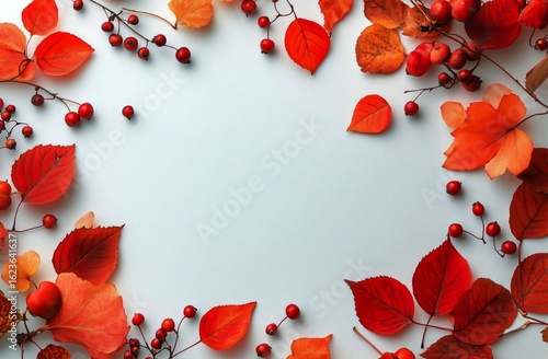 Autumn Leaves and Berries Create a Vibrant Border on a Soft Blue Background