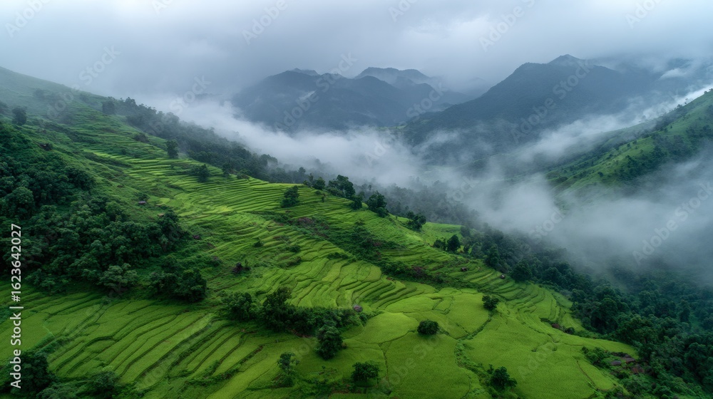 Misty mountain valley with lush green terraced rice fields Misty mountain valley with lush green terraced rice fields