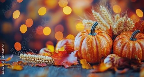 Autumn Harvest Display With Pumpkins and Autumn Leaves in Warm Golden Light.