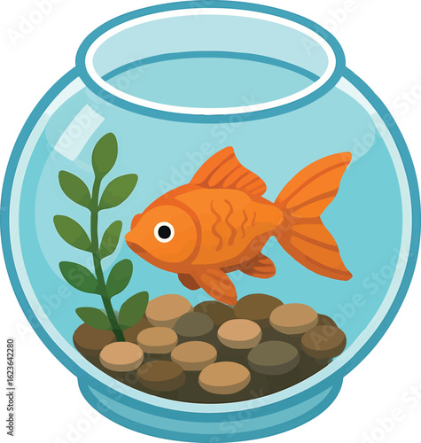 Isometric vector goldfish in round bowl with pebbles and plant, vector-friendly, isolated on white