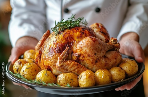 Cook Prepares a Beautifully Roasted Chicken With Potatoes Garnished With Herb...