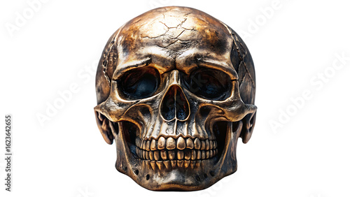 Detailed Bronze Skull Sculpture Front View Isolated on Transparent Background