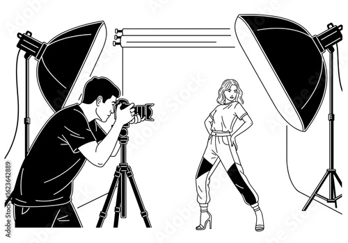 Illustration of a fashion photographer taking a shot of a model in a studio with lighting equipment for professional purposes, monochrome black and white, copy space
