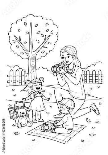Illustration of a woman photographing children playing in a park for family memories, monochrome black and white, copy space