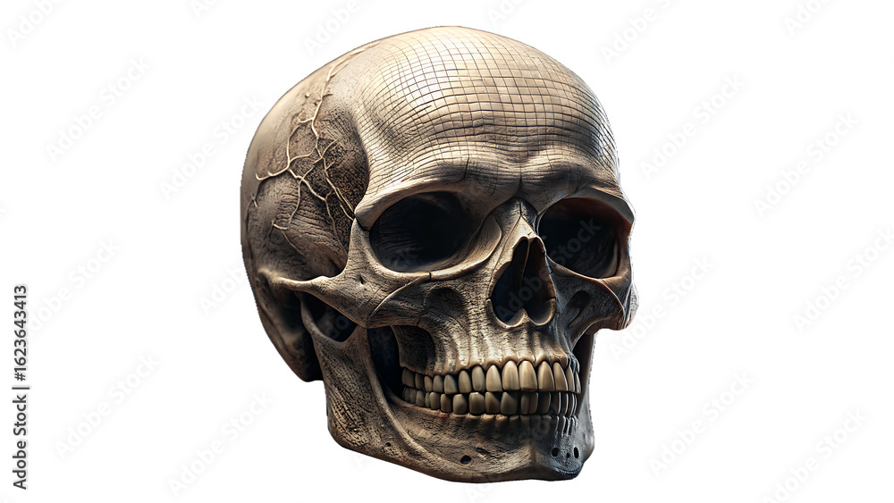 Obraz premium Detailed Human Skull Anatomical Illustration with Dramatic Lighting on transparent background detailed