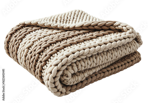 Cozy knitted throw blanket in beige and brown isolated on transparent background