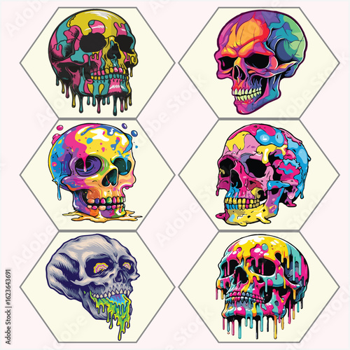 colored skull vector set one