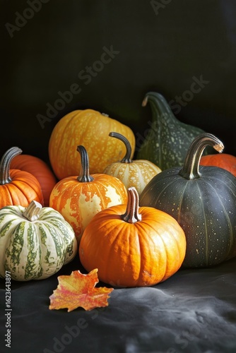Colorful Pumpkins Arranged Artistically on a Dark Background for Autumn Decor...