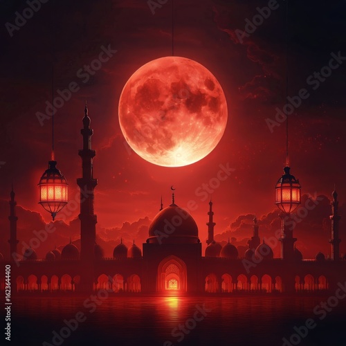 Majestic Crescent Moon and Lanterns Illuminating a Stunning Skyline at Twilight.
