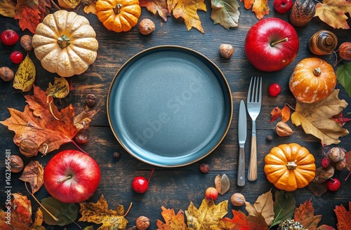 Autumn Table Setting With Empty Plate Surrounded by Seasonal Fruits and Color...