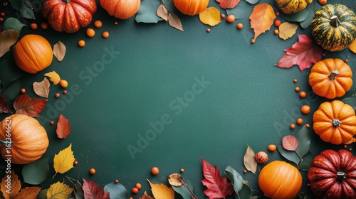 Vibrant Autumn Arrangement of Pumpkins and Leaves on a Dark Green Background