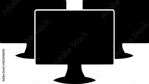 "Three black silhouette computer monitors aligned horizontally on a desaturated blue background. The screens are turned off, appearing as solid rectangles with thin bases. The graphic style is clean a