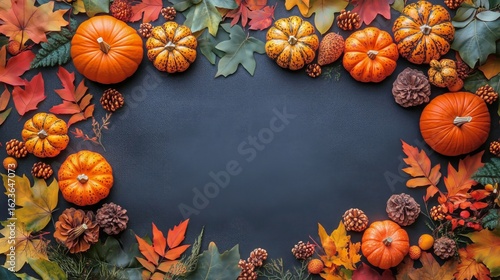 Autumn Decoration With Various Pumpkins and Colorful Leaves on Dark Background.