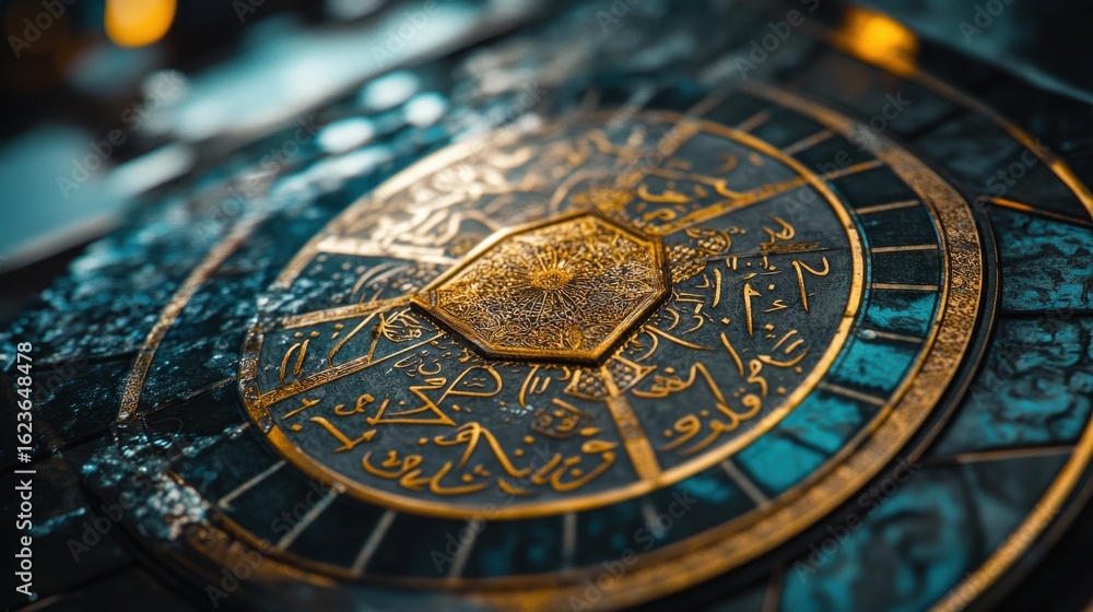 A close-up of an Arabic calendar for 2022, highlighting unique artwork and dates with glowing accents A close-up of an Arabic calendar for 2022, highlighting unique artwork and dates with glowing accents