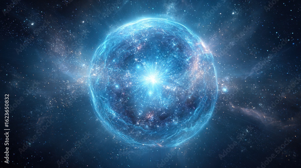 Obraz premium Abstract Glowing Blue Orb Surrounded by Cosmic Energy and Twinkling Stars in Deep Space