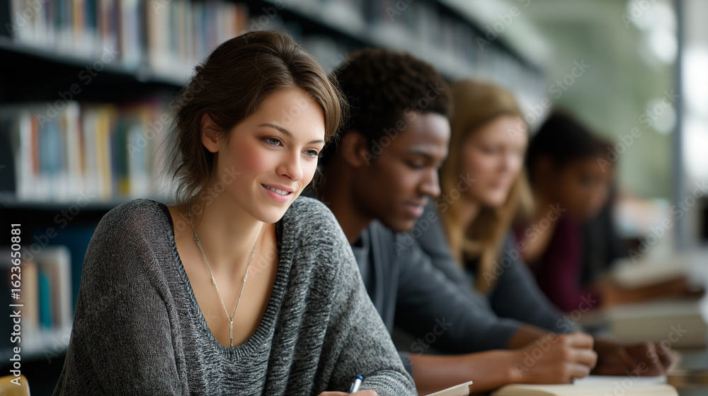 Obraz premium Focused students studying together in a cozy library