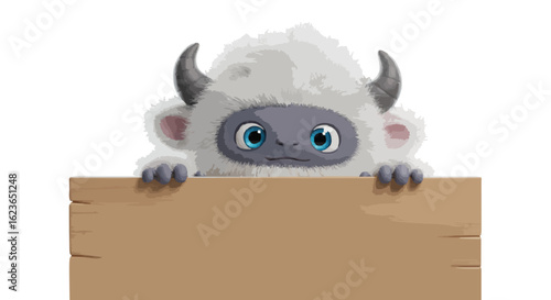 Cute yeti with horns peeking over a wooden sign with bright blue eyes and fluffy white fur in cartoon style