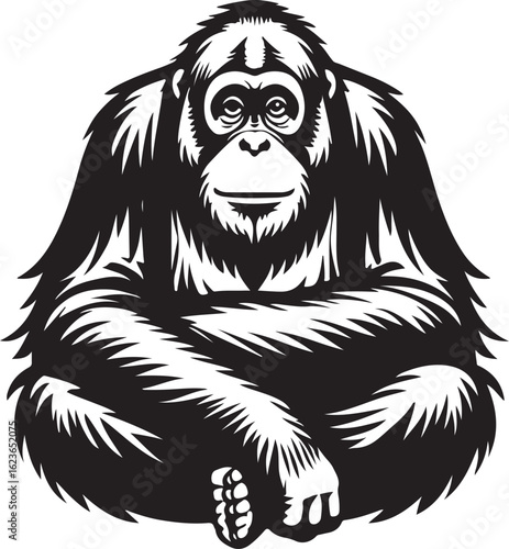 Black and white illustration of a seated orangutan with detailed fur primate animal