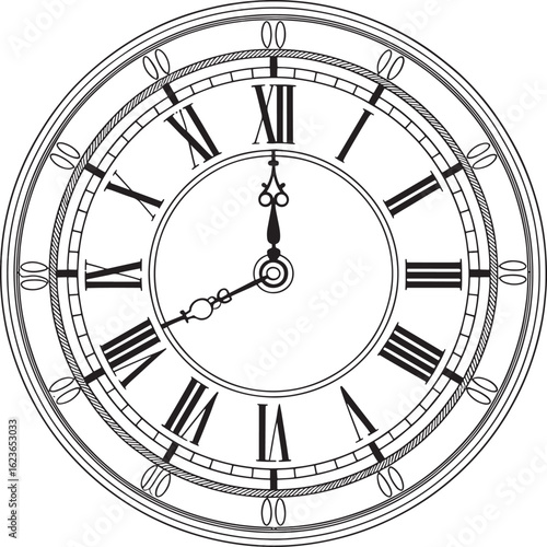 Antique Clock Face Vector Illustration with Roman Numerals and Ornate Details for Timekeeping