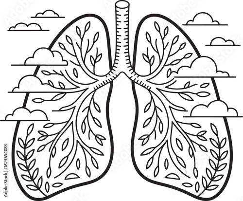 Stylized Human Lungs Illustration with Branches, Leaves, and Clouds on Transparent Backdrop