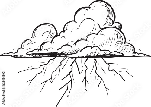 Black and white sketch of storm clouds with lightning bolts emanating downwards thunder weather