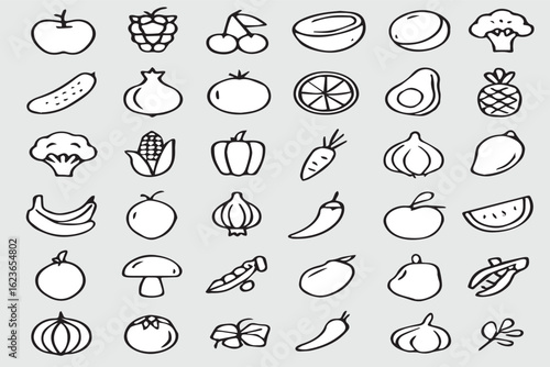 Set of hand-drawn food icons including fruits vegetables and snacks in doodle style