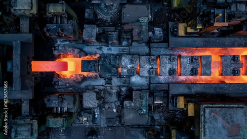 Automated industrial machine is processing hot steel billet in a steel mill, showing the manufacturing process of heavy industry in a metallurgy factory