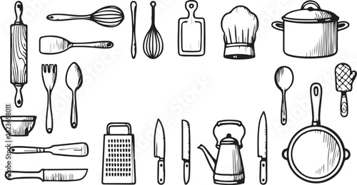 Hand drawn black and white kitchen utensils and cooking equipment kitchenware rolling pin
