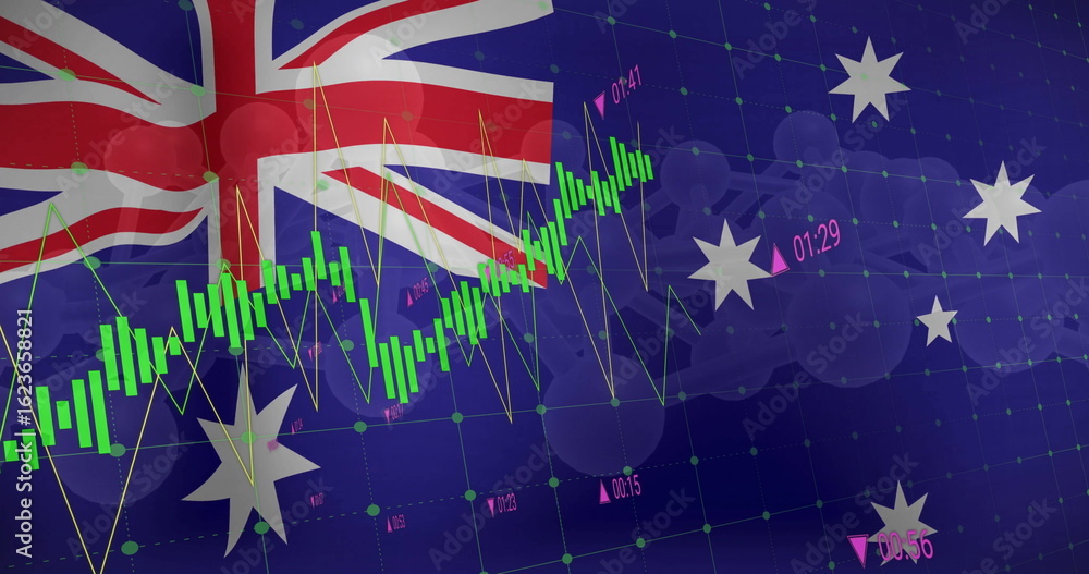 Fototapeta premium Displaying Australian flag over green candlestick chart at trading screen, pink timestamp markers