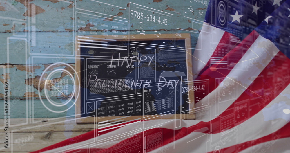 Fototapeta premium Showing chalkboard reading Happy Presidents Day by turquoise wall, with American flag, HUD overlay