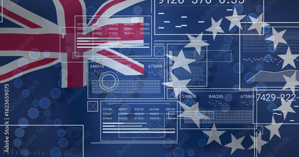 Obraz premium Displaying digital montage merging Union Jack and EU stars on dark blue UI, showing UI panels