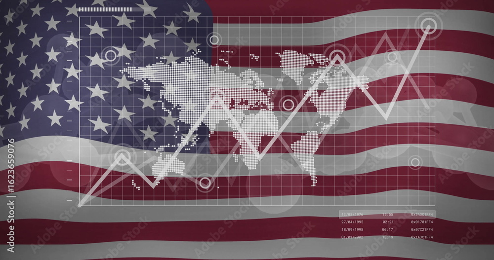 Fototapeta premium Dotted world map overlay tracing trends on US flag backdrop, with grid, data nodes, data panel