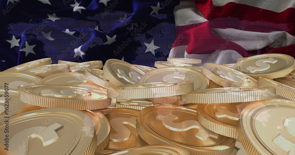 Fototapeta premium Shiny golden coins embossed with dollar symbols stacking in illustration, with US flag backdrop
