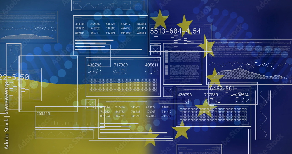 Fototapeta premium Overlaying interface windows showing numeric data over Ukrainian and EU flag backdrop, with bokeh