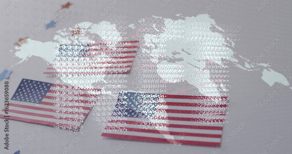 Fototapeta premium Displaying American flag cards on tabletop with star confetti in red blue gold, world map overlay