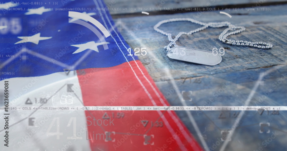Fototapeta premium Displaying silver military dog tags resting on wooden table, with US flag, HUD graphics, copy space