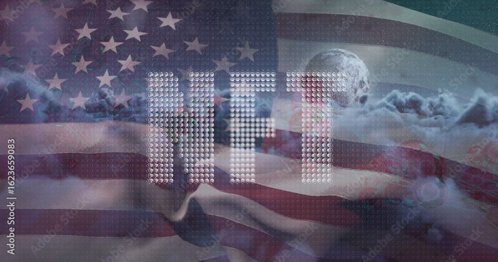 Fototapeta premium Floating metallic NFT letters drifting across cloudscape, with American flag, moon, binary code
