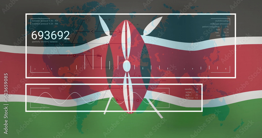 Naklejka premium Displaying central Maasai shield and crossed spears in digital infographic, with HUD panels