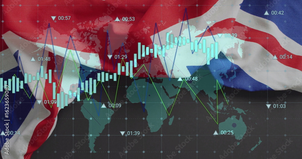 Fototapeta premium Displaying Union Jack flag draping world map on display, with bar line arrow and timestamp overlays