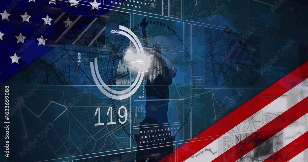 Fototapeta premium Displaying circular chart with Statue of Liberty silhouette and ‘119' on flag-themed dashboard